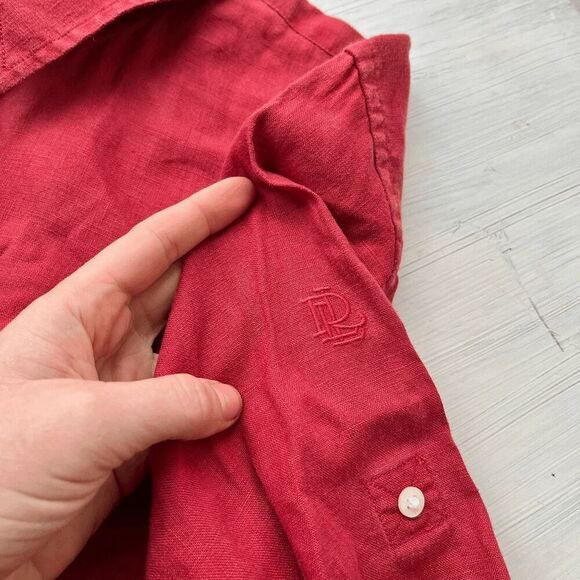 Lauren Ralph Lauren Redish Linen Button-Up Shirt 2X Embroidered Logo, Pockets - Picture 3 of 9